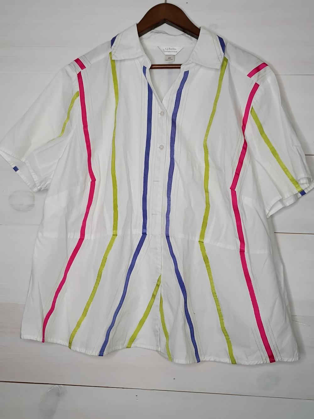 CJ Banks White Button Front Top 2X Short Sleeve Multi Color Ribbon Stripe Cotton